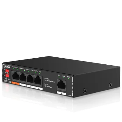 Produktbild von Dahua Technology PoE SF1005P, Unmanaged, L2, Fast Ethernet (10/100), Vollduplex, Power over Ethernet (PoE), Wandmontage