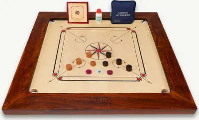 Produktbild von Grootmeester Carrom set - 16 kg - Hartholz India - ®️Designed in UK - wunderschön verarbeitet - ECO  India - mit Tisch. und Tasche