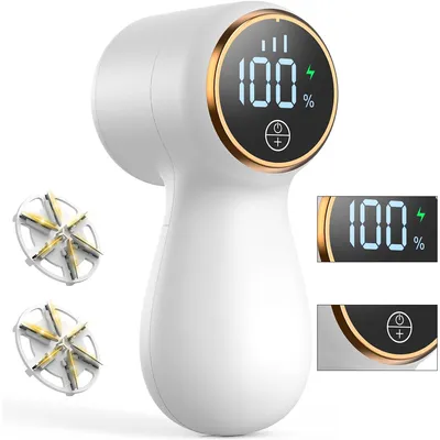 Produktbild von Wiederaufladbarer Fusselrasierer mit 3-Gang-Steuerung, LED-Display und 6 Edelstahlklingen. Ideal für Kleidung, Pullover, Sofas und Decken. (Weiß)