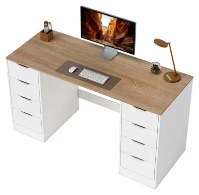 Produktbild von Schreibtisch mit 8 Schubladen, 140 x 53 x 75 cm, moderner Computertisch für Büro und Wohnzimmer in Weiß