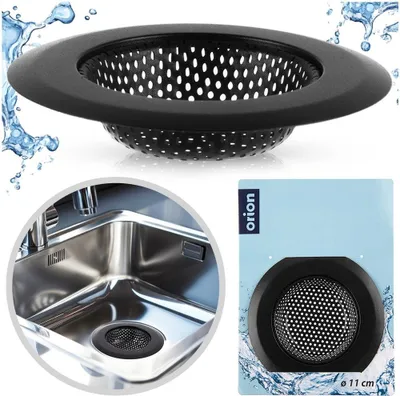 A collage showing a sink strainer, a sink with the strainer in place, and the product packaging.