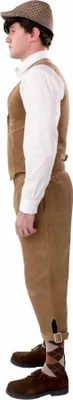 A man wearing a vintage-style outfit, including knickerbockers, a vest, a shirt, and a cap.