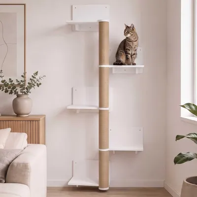 Zdjęcie produktu dla Ścianka wspinaczkowa HWC-Q58, ścianka dla kotów, drapak ścienny, półka wspinaczkowa, platforma z 5 schodkami, drewno 147x62x27 cm, kolor biały