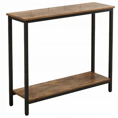 A long, narrow console table with two shelves, made of wood and metal. The wood has a distressed, rustic finish. The table is shown from a slight angle against a white background.