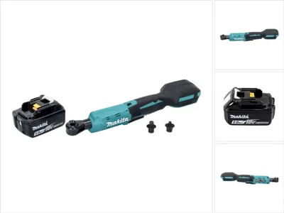 A cordless ratchet wrench with a battery pack and two adapters, presented on a white background.