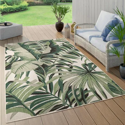 Produktbild von Outdoor Teppich Wetterfest Balkon Palmen Dschungel Florales Boho Muster Grün Grösse 80x150 cm