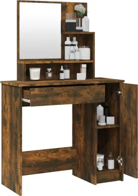 A vanity table with a mirror and storage shelves, filled with various cosmetic bottles and containers.