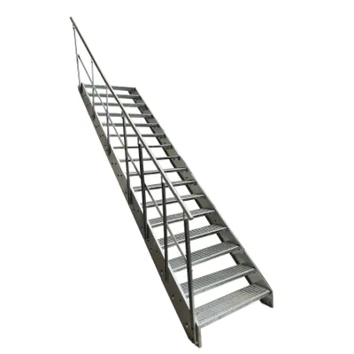 A metal staircase with handrails and grated steps, isolated on a white background.