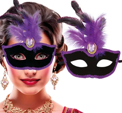 Productafbeelding van Carnavalsmasker, Venetië, Zwart Geheimnis, paarse veren, elegant, gala, accessoire voor de avond, kleur: paars/zwart