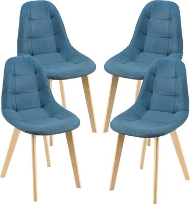 Four blue upholstered dining chairs with wooden legs arranged in a 2x2 grid against a white background.