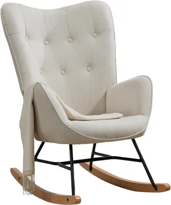 Immagine prodotto di Poltrone a dondolo accoglienti, in stile scandinavo, con braccioli e seduta imbottita, ideali per il soggiorno o la camera da letto. Struttura in metallo e base in legno