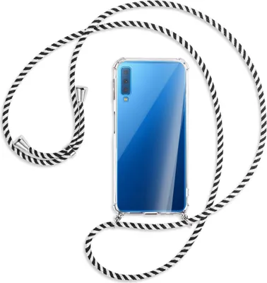 Produktbild von Handykette Backcover-Schutzhülle mit Band (Metall silberfarben) für Samsung Galaxy A7 2018 - schwarz/weiß gestreift