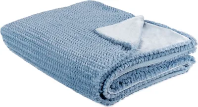 A folded blue blanket with a lighter gray inner lining is shown against a white background.