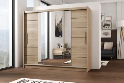 Produktbild von Schiebtürenschrank mit Spiegel LIZBONA II, Kleiderschrank mit Schubladen, Sideboard 3-türig Schrank (Eiche Sonoma))