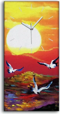 Produktbild von Wandbild Leinwand Bilder mit Uhr 30x60 Malerei Acrylfarbe Kunst Sonnenaufgang - weiße Hände