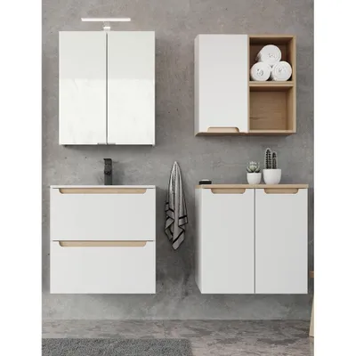Produktbild von Badmöbel Set Hochglanz weiß mit Trüffel-Buche SOFIA-107 Keramik-Waschtisch & LED-Spiegelschrank, B/H/T ca. 150/200/46 cm