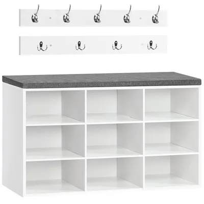 Obrázek produktu pro Botník s věšákem - 9 háčků a 9 přihrádek - 80 x 30 x 48 cm - Bílá