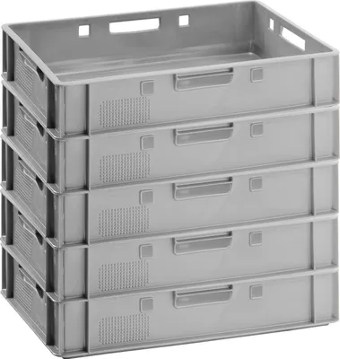 A stack of five gray plastic crates.