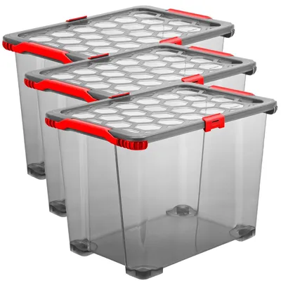 Produktbild von Rotho 3er Set Aufbewahrungsbox mit Rollen 65L Evo Total - Kunststoffbox je 59,0 x 39,5 x 41,2 cm - Stapelbox mit Deckel - Boxen sicher verschliessbar