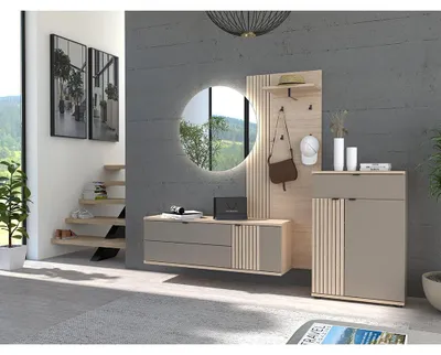 Produktbild von Garderobenmöbel Set mit Schuhschrank & Hakenpaneel in Eiche mit grau, Rillenoptik - PALADE-36