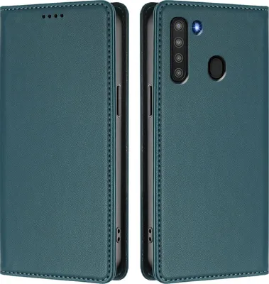 Produktbild von Handyhülle für Samsung Galaxy A21, Kunstleder Klapphülle Stoßfeste Magnetische Hülle mit Ständer Grün
