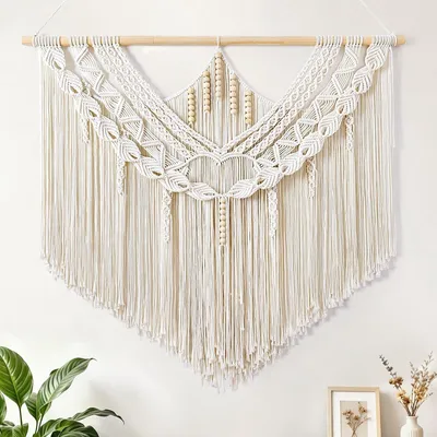 Image de Tenture murale en macramé avec franges, couleur beige