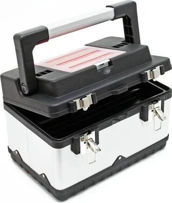 Produktbild von Wiltec box na náradie 38x27x25 cm z nehrdzavejúcej ocele, univerzálny box na náradie s plastovým rámom, držiakom na náradie a rukoväťou, profesionálny box na náradie