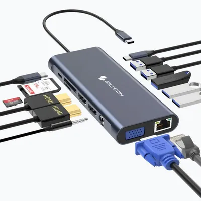 Produktbild von Siltcon® 14-in-1 USB-C Hub Dockingstation – 2x HDMI 4K, VGA, RJ45 Gigabit, PD 100W, USB 3.1, SD/TF – Spacegrey