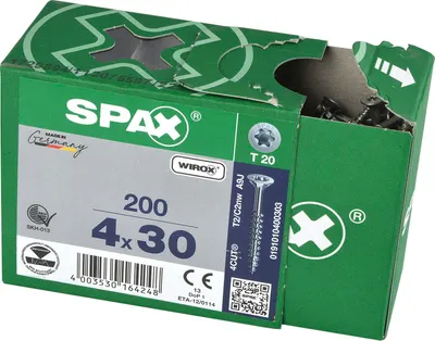 Obrázok produktu pre SPAX 0191010400403, Skrutka, Kov, Zinok, Drevo, plochá hlava, Torx, Kovová