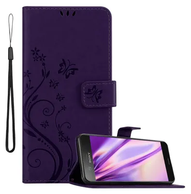 A purple phone case with a floral design and a smartphone inserted.