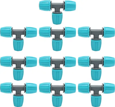 Image de 20 raccords en T de 16 mm pour tuyaux en PE, s pour l'irrigation dans les serres, les jardins et l'agriculture. Dimensions : 9,3 x 6 cm