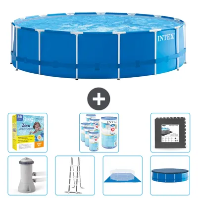 Produktbild von Intex Rundrahmen-Schwimmbecken – 457 x 122 cm – Blau – inklusive Pumpe – Leiter – Bodenplane – Abdeckung Wartungspaket - Filter - Bodenfliesen