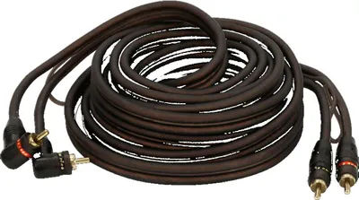 A coiled audio cable with RCA connectors on one end and what appear to be speaker wire connectors on the other.