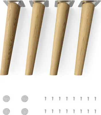 Four wooden furniture legs with metal mounting plates and accompanying screws and felt pads are displayed against a white background.