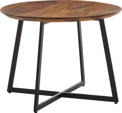 Runder Couchtisch Rund 60x60x45cm Sheesham mit Sheesham-Holzplatte und schwarzem Metallgestell.