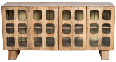 Dressoir mit 4 Türen, Holz und Glas, natur, 162x42x75 cm