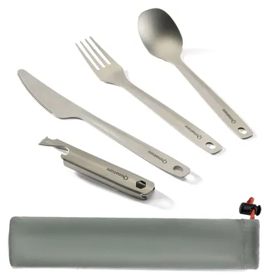 Immagine prodotto di Set di posate da campeggio, composto da 4 pezzi: cucchiaio, forchetta, coltello e apriscatole