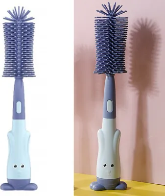 Image de Brosse en silicone pour biberons en forme de lapin avec long manche, sans emballage, bleue