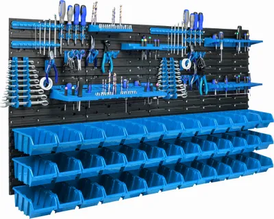 Obrázek produktu pro 39 stohovacích boxů Nástěnná police Plastový držák na nářadí 154 x 78 cm Dílenský skladovací systém Garážový úložný systém Pohledové úložné boxy Žlab
