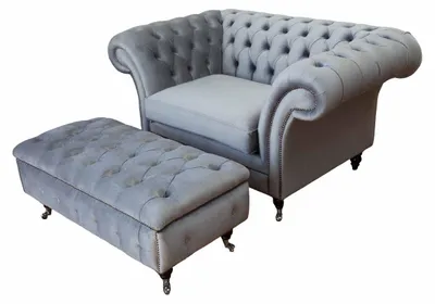Produktbild von Chesterfield Ohrensessel Hocker Sessel Couch Polster Set Grau Textil