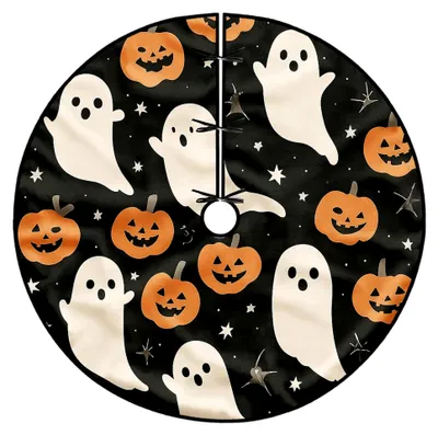 Produktbild von Halloween Baumrock aus schwarzem Samt mit Kürbis- und Sternmotiven, 121 cm