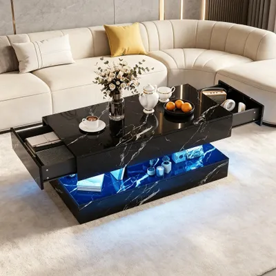 Immagine prodotto di Tavolino da divano INONEFT con LED e spazio contenitivo nascosto, 2 cassetti, tavolino rettangolare lucido, tavolino da soggiorno, nero