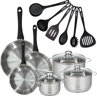 Image de Batterie de cuisine avec 3 poêles 20/24/28 cm et 3 faitouts 16/20/24 cm avec 6 ustensiles de cuisine sans PFAS Fackelmann Généva Brillant Fénix