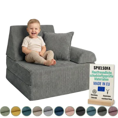 Produktbild von Pillows24 – Spielsofa für Kinder aus Cordstoff | Kindersessel mit waschbarem Bezug | Kindersofa für Spielzimmer – Hergestellt in der EU, Dunkelgrau