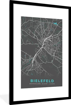 Produktbild von MuchoWow® Gerahmtes Poster Deutschland - Blau - Bielefeld - Stadtplan - Karte 60x90 cm - Poster mit Schwarzem Bilderrahmen Wandposter Rahmen Foto Bilder - Dekoration - Wandposter Wohnzimmer - Hochwertig