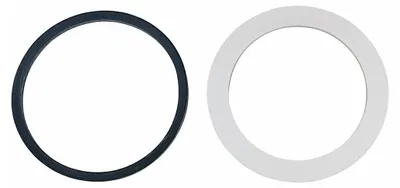 Two circular gaskets, one black and one white, are shown side-by-side on a white background.