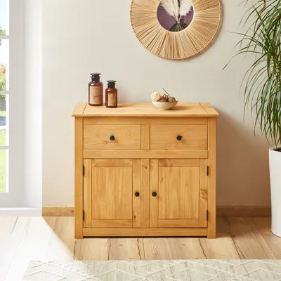 Produktbild von Kommode CANCUN im Landhaus Stil aus Kiefer massiv, moderne Anrichte mit 2 Schubladen und Türen, Sideboard mit gebeizter gewachster Oberfläche