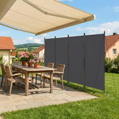 Produktbild von FIVMEN Paravent Outdoor wetterfest mit Heringen und Abspannleinen,Klappbar Freistehend Trennwand ohne Bohren,mobiler sichtschutz für Garten Balkon terrasse,4 Teilig 320 x 180 cm Dunkelgrau
