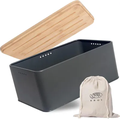 Produktbild von Theo&Cleo Brotkasten mit Schneidebrett und Leinen Brotbeutel Grau