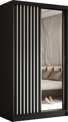 Productafbeelding van 120 cm brede garderobekast Erika met lamellen en spiegel, inclusief 2 schuifdeuren. Schuifdeurenkast met kledingstang. Levering tot in de woning (kleur: zwart, zwart, lamellen wit)